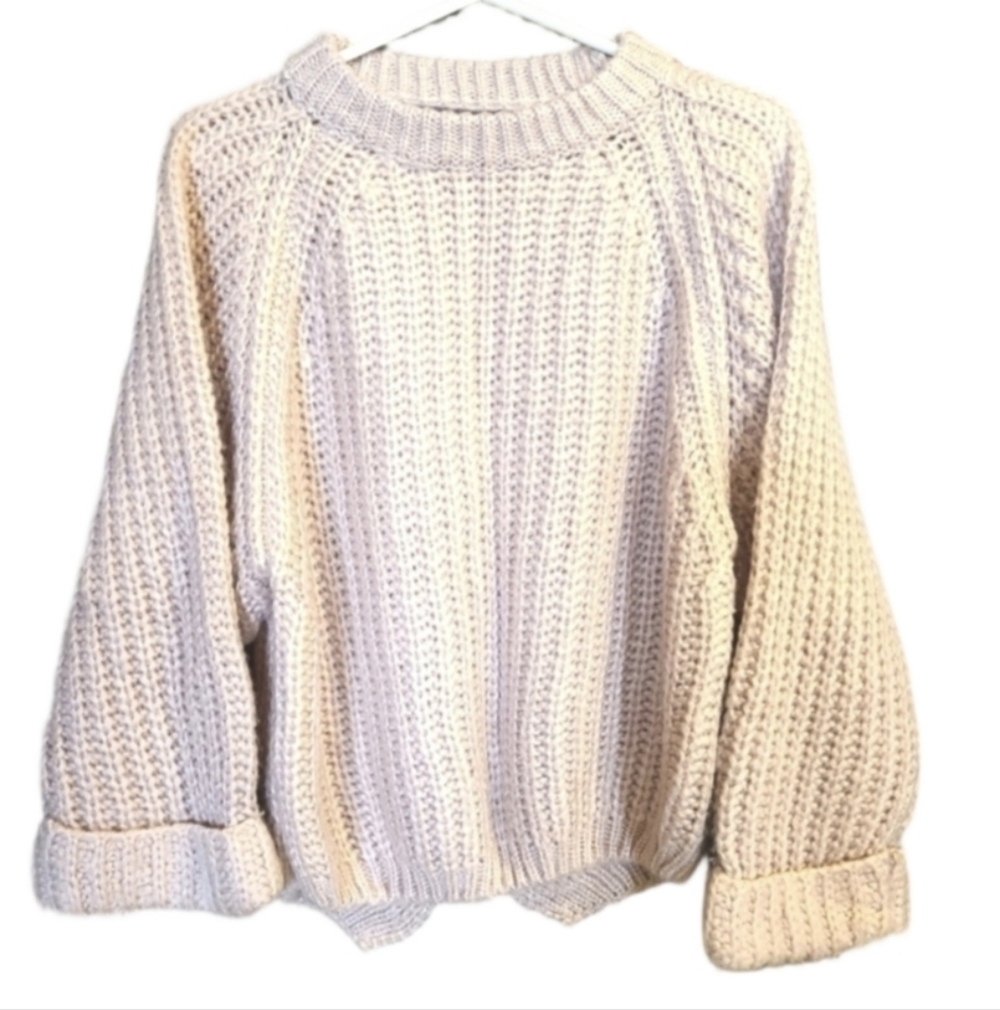 Papillion Cozycore Chunky Knit Sweater Balloon Sleeves Assymetrical Hem Pink - Picture 2 of 12